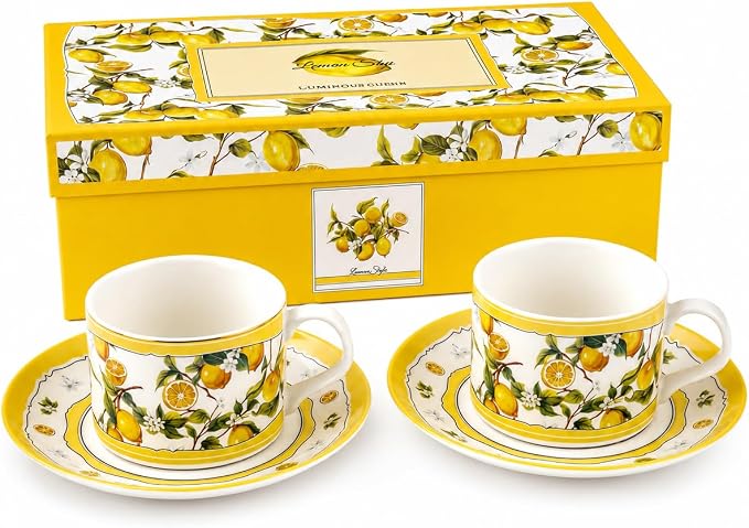 Summer Lemon Espresso Cups and Saucers Set of 2, 4 oz Ceramic Small Coffee Mug with Handle,Lemon Botanical Pattern for Tea, Latte, Cafe, Microwave & Dishwasher Safe, Decorative Holiday Gift Box