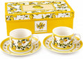 Summer Lemon Espresso Cups and Saucers Set of 2, 4 oz Ceramic Small Coffee Mug with Handle,Lemon Botanical Pattern for Tea, Latte, Cafe, Microwave & Dishwasher Safe, Decorative Holiday Gift Box