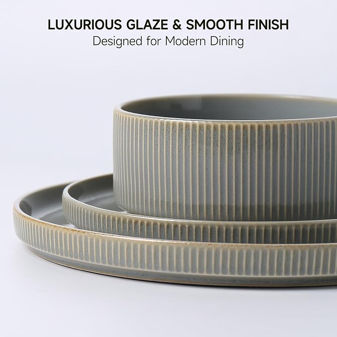 MONITO Ceramic Dinnerware Sets for 6, 18PCS Stoneware Plates and Bowls Sets, Reactive Glaze Dish Set, Chip and Scratch Resistant Double, Microwave and Dishwasher Safe, Sage Mist