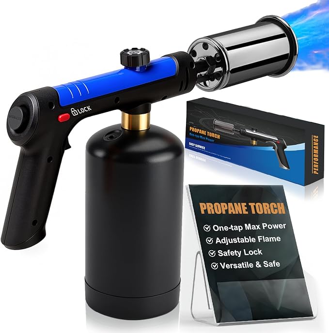 Propane Torch Gun With One-Touch Max Fire, Adjustable Kitchen Torch, Powerful Propane Torch With Many Safety Features(Tank Not Included)-Blue