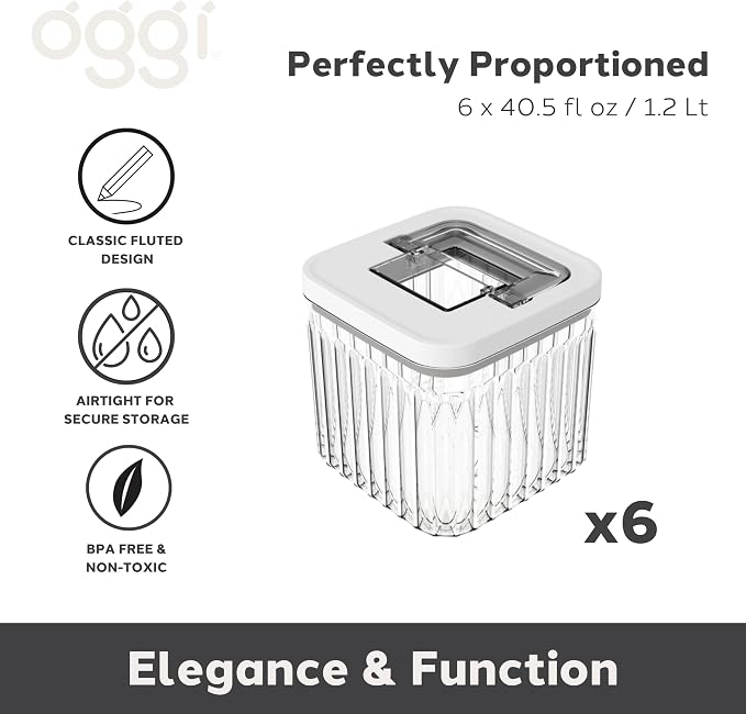 Oggi Airtight Clear Fluted Canister Set of 6 - Stackable Food Storage Containers with Lids, Vintage Modern Farmhouse Style, Kitchen Counter & Pantry Organization, Size - 6 x 40.5 fl oz / 1.2 Lt
