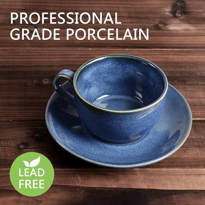 Bosmarlin Ceramic Coffee Cup Mug with Saucer Set of 2 for Latte, Cappuccino, Tea, 8.5 Oz, Dishwasher and Microwave Safe(Royal blue, 2)