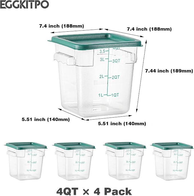EGGKITPO 4 Pack 4 QT Food Storage Containers with Green Lids Hot Cold Resistant Stackable Square Commercial Container Set with Handle, Clear Scarle Home Party Business BPA-Free Polycarbonate