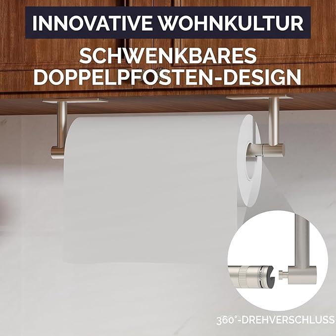 Paper Towel Holder Under Cabinet, Self Adhesive or Wall Mounted SUS304 Stainless Steel Paper Towel Holder for Kitchen, Bathroom, Farmhouse, Barbecue and Laundry (Silver)