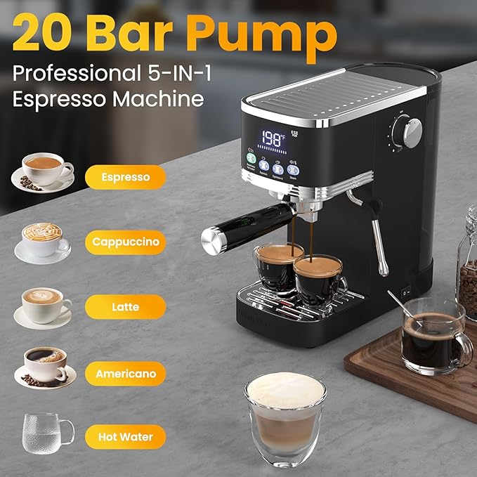 Espresso Machine 20 Bar Temperature Time LED Display Espresso Maker with Adjustable Extraction Temperature Stainless Steel Coffee Machine with Powerful Steam Wand for Cappuccino Latte,Black