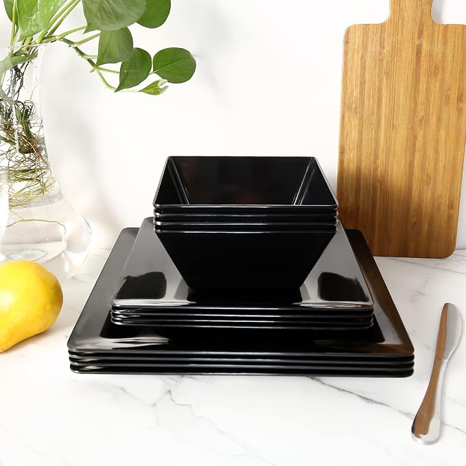TP 12-Piece Melamine Dinnerware Sets, Plates and Bowls Dishes Set for 4, Break-Resistant & Non-Microwavable, Lightweight Square Dinner Plates, Black