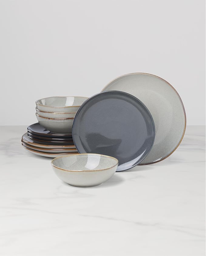 Oneida Dinnerware Sets, Organic Shades Gray 12-Piece Dinnerware Set, Set for 4, Service For 4, Stoneware Material, Dishwasher and Microwave Safe, Plates And Bowls, Dinner Dishes, Home (Gray, 12 Piece)