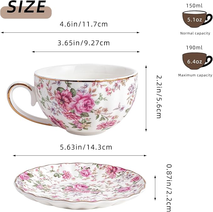 Agyiuns Tea Cup and Saucers, 6.4oz Floral Tea Cups with Gold Trim, Porcelain Teacup, Coffee Cappuccino Espresso Latte Mugs for Party Birthday,Party Cafe Home, Christmas Gift (White)