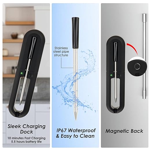 Smart Bluetooth Meat Thermometer Probe, Wireless Food Thermometer for Grill Oven BBQ Smoker, 30m Range IP67 Waterproof App Control Alerts Fast Charge LED Indicator Vibrating Alarm Kitchen Cooking Tool
