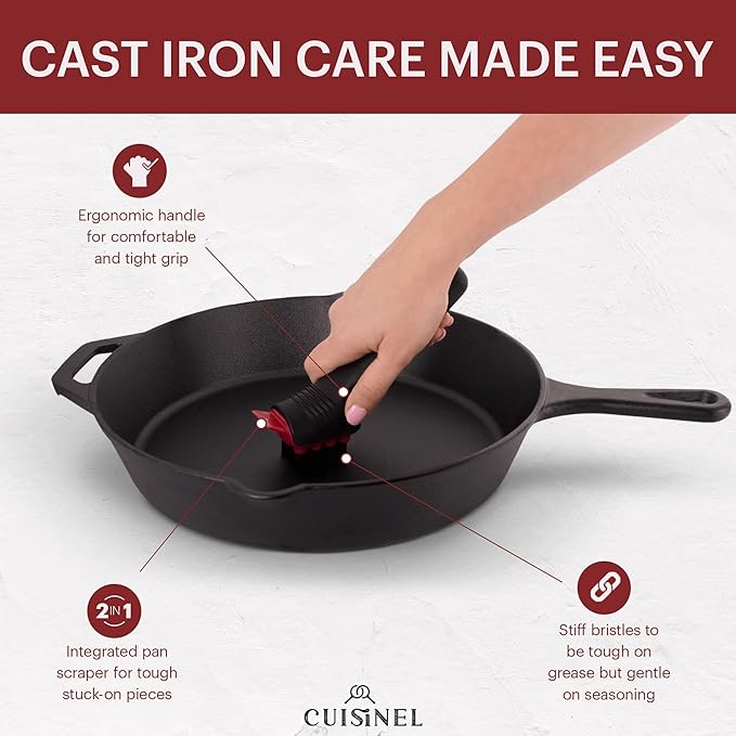 Cuisinel Cast Iron Scrubber Cleaning Brush + Pan/Grill Scraper - Skillet and Grill Cleaner Kit - Soft-Touch Confident-Grip Dish Scrub Tool - Tough on Grease, Gentle on Metal and Non-Stick Cookware