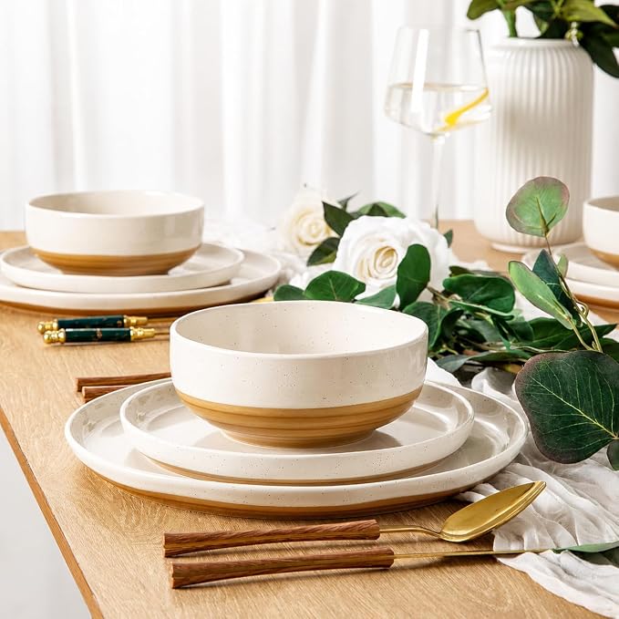 GBHOME 24-Piece Ceramic Dinnerware Set for 6, Handpainted Plates, Pasta Bowls & Bowls Set with Rustic Terracotta Underside, Scratch-Resistant, Dishwasher & Microwave Safe,Speckled Glaze Beige