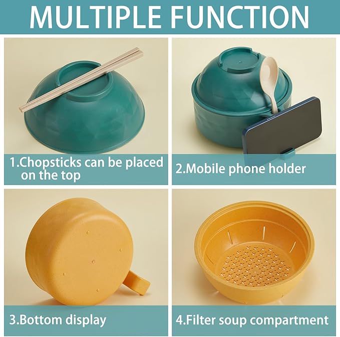 2 Sets Microwave Ramen Bowl 40 oz Wheat Fiber Portable Instant Noodle Cooker Bowl with Handles Strainer Spoon Chopstick Fork College Dorm Room Apartment Essentials(Green, Yellow)