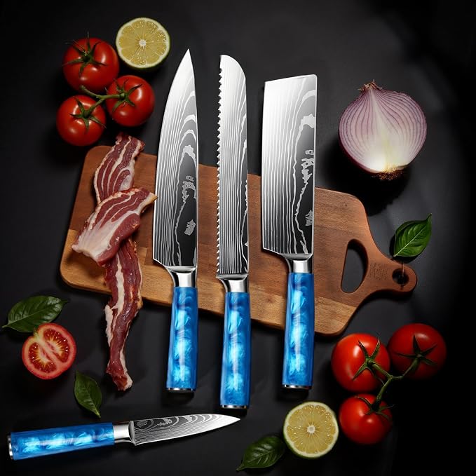 8-Piece Premium Japanese Kitchen Knife Set - Star Collection, Laser Damascus Pattern, 440A Stainless Steel Ultra Sharp for Fast Cutting (Blue 8J)