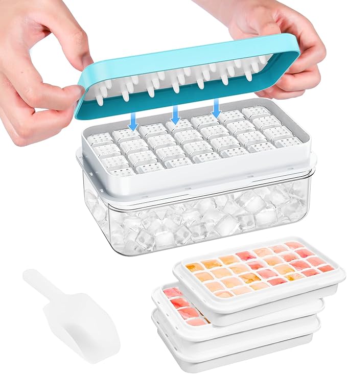Ice Cube Tray with Lid and Bin, PHINOX 84 pcs Ice Trays for Freezer, Ice Cube Trays for Freezer with 3 trays, Container, Lid & Ice Scoop, BPA Free