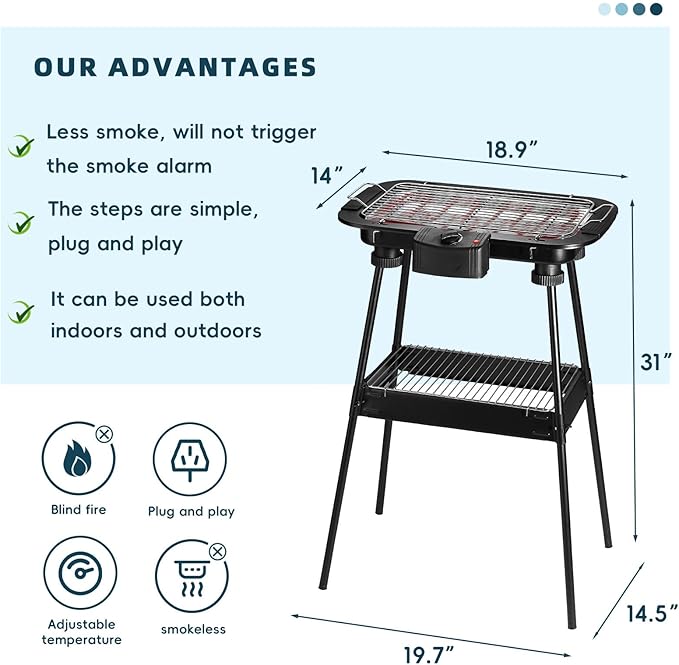 Electric Grill Outdoor Indoor Cooking,Smokeless BBQ,Portable Removeable Stand Grill, (YD301 Upgrade)