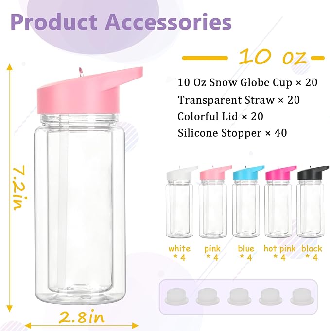 20 Pack 10 Oz Plastic Snow Globe Tumbler for Kids with Pre-Drilled Hole and Plug, Leak Proof Double Wall Snow Globe Sports Water Bottle with Portable Handle for Glitter DIY Gift, Mixed Color