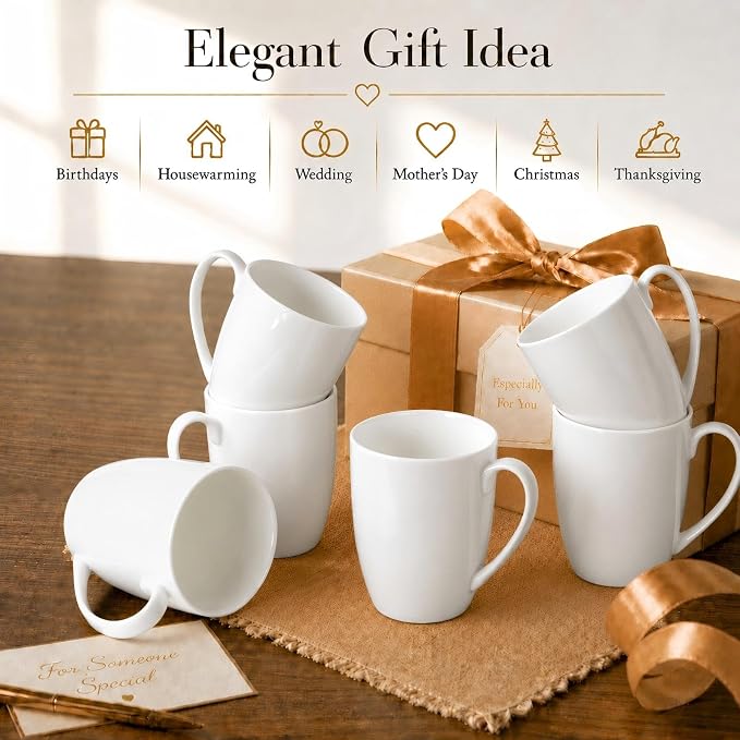Plain White Fine Bone China Blank Coffee Mugs Set of 6, 11 Oz Tea Cups with Large Handle, Lightweight Ceramic Coffee Mugs, Aesthetic Coffee Cups
