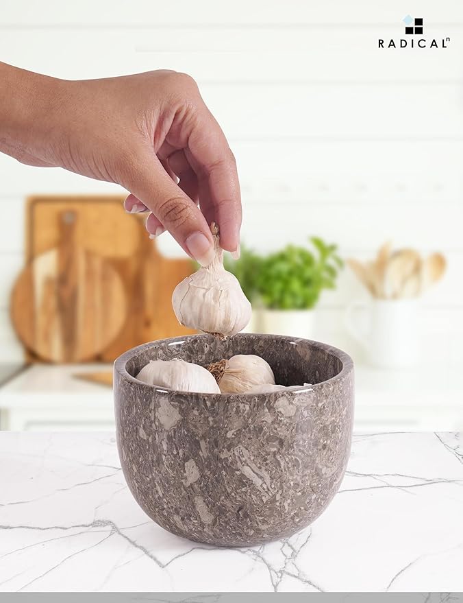 Radicaln Marble Garlic Keeper With Lid 4.5 Inch Oceanic Handmade Garlic Storage and Garlics Container For Kitchen, Keep Fresh Garlic Cloves, Ideal Garlic Keeper for Counter
