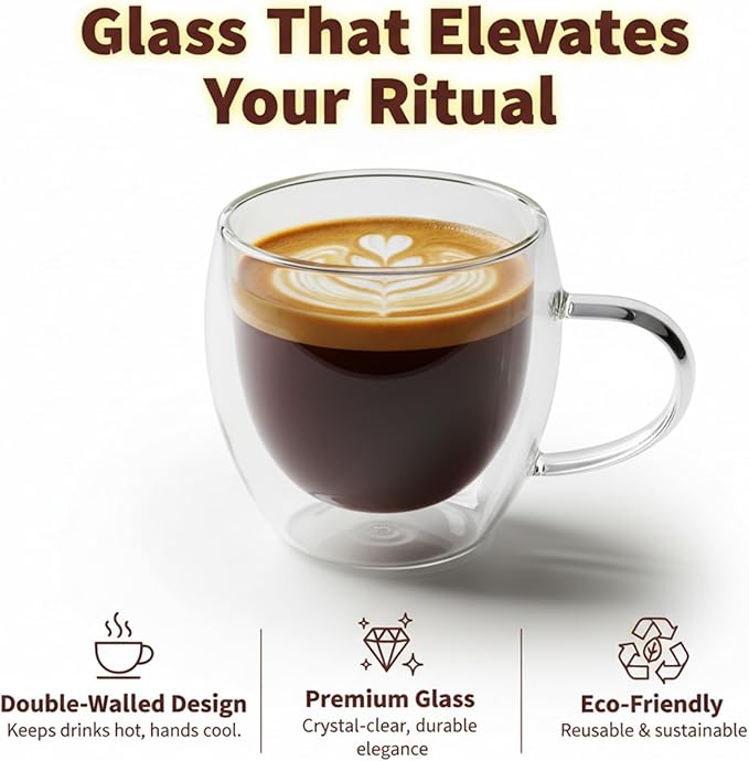 Casafoyer 9 Oz Double Wall Glass Coffee Cups Set of 4, Borosilicate Espresso Mugs
