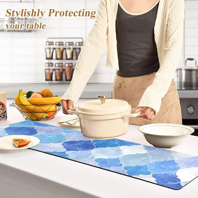 2 in 1 Table Runner Trivet for Hot Pots and Pans Heat Resistant Non Slip Waterproof 39 x 12 Inch Decorative Table Protector for Kitchen Countertop Eid Geometric Blue