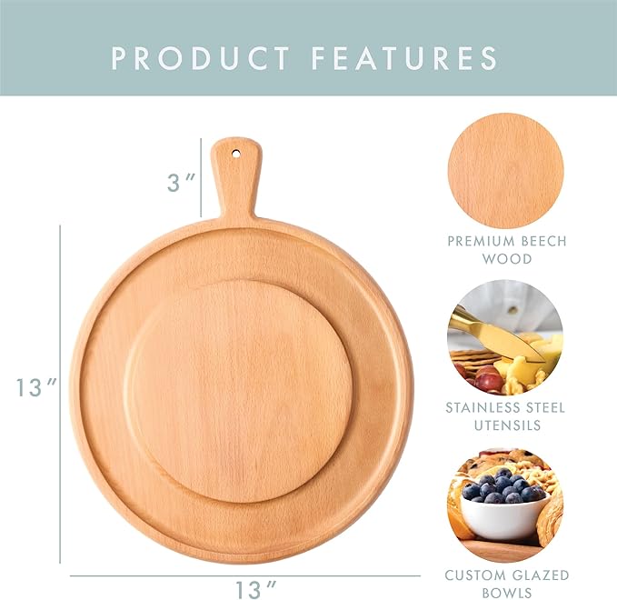 Charcuterie Board Set - Round Beech Wood Cheese Board for Serving with Accessories - House Warming Gifts for New Home, Bridal Shower & Wedding Gift, Birthday Gifts for Women