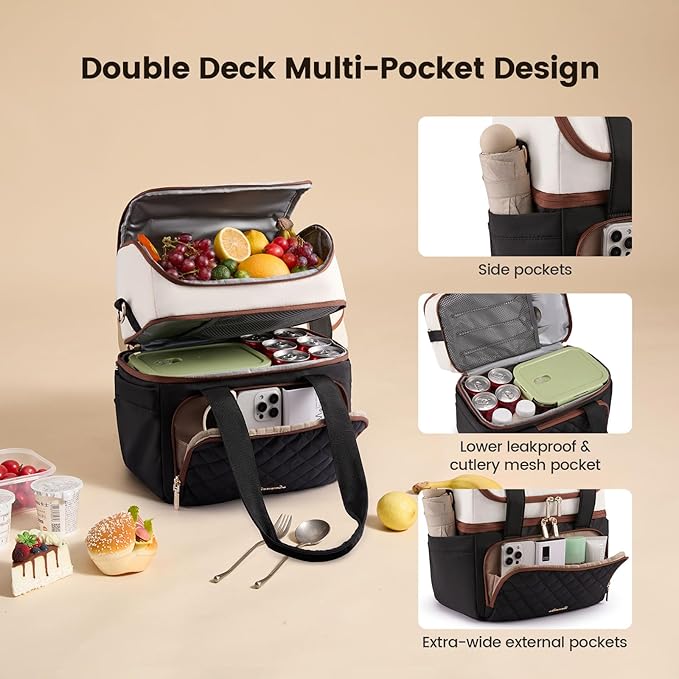 LOVEVOOK Insulated Lunch Bag For Women,X Large Double Deck Adult Lunch Box,Teacher Lunch Tote Bag With Cup Holder,Leakproof Cooler Bag With Adjustable Shoulder Strap For Work Picnic Beach,Larger 24L
