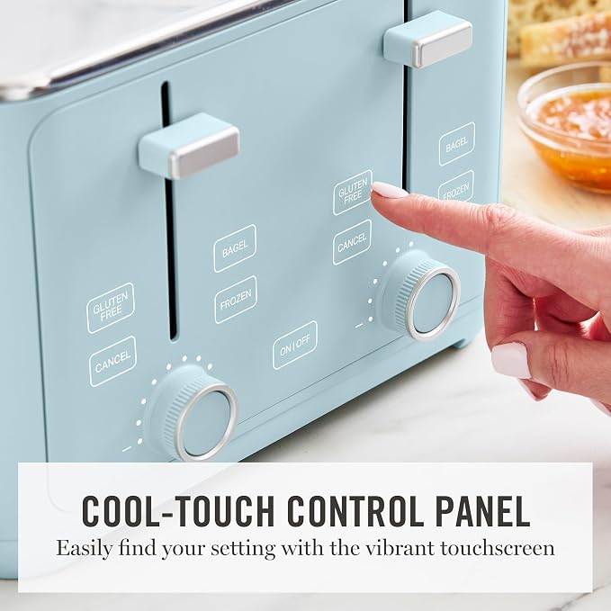 Martha Stewart 4 Slice Toaster, 10 Shade Settings with Defrost, Cancel, Bagel & Gluten-Free, Extra-Wide Self-Centering Slots for Waffles & Artisan Bread, Removable Crumb Tray, Cord Wrap, 1800W, Sky
