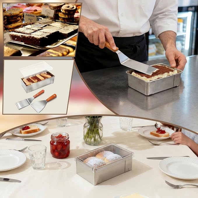 Blushtier 2 Pcs Nonstick Rectangle Tiramisu Cake Pan with Acrylic Lid and 2 Metal Spatula Removable Frame 304 Stainless Steel Cake Baking Molds for Tiramisu Cheesecake Mousse (6.3 x 3.94 x 2.56 Inch)