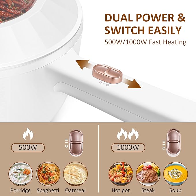 Bear Hot Pot Electric, 2L Multifunctional Portable Cooking Pot, 1000W Rapid Noodles Electric, Non-Stick Frying Pans for Steak, Egg, Ramen, Oatmeal With Dual Power Adjustment
