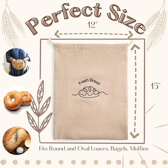 3-Pack Linen Bread Bags for Homemade Bread – Reusable Bread Storage Bags with Inner Lining – 12"x15" Sourdough Bread Bags – Eco-Friendly Baking Supplies & Gifts for Home Bakers by Simply H&K