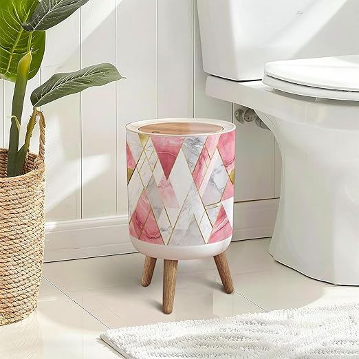 Trash Can with Lid seamless geometric lines rose gold gray pink marble triangles Modern Press Top Round Small Garbage Bin with Wooden Legs Waste Basket for Kitchen Bedroom Nursery 7L/1.8 Gallon