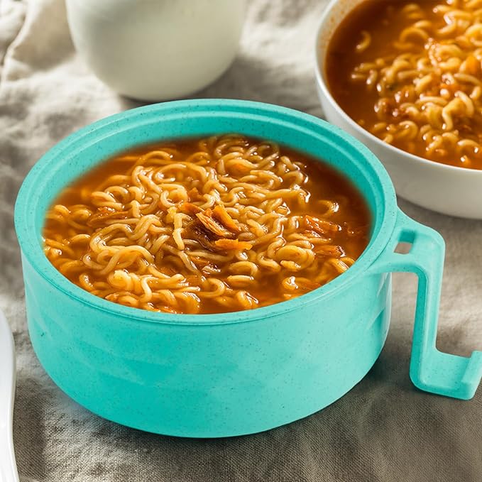 2 Sets Microwave Ramen Bowl 40 oz Wheat Fiber Portable Instant Noodle Cooker Bowl with Handles Strainer Spoon Chopstick Fork College Dorm Room Apartment Essentials(Blue Sky,Mint Green)