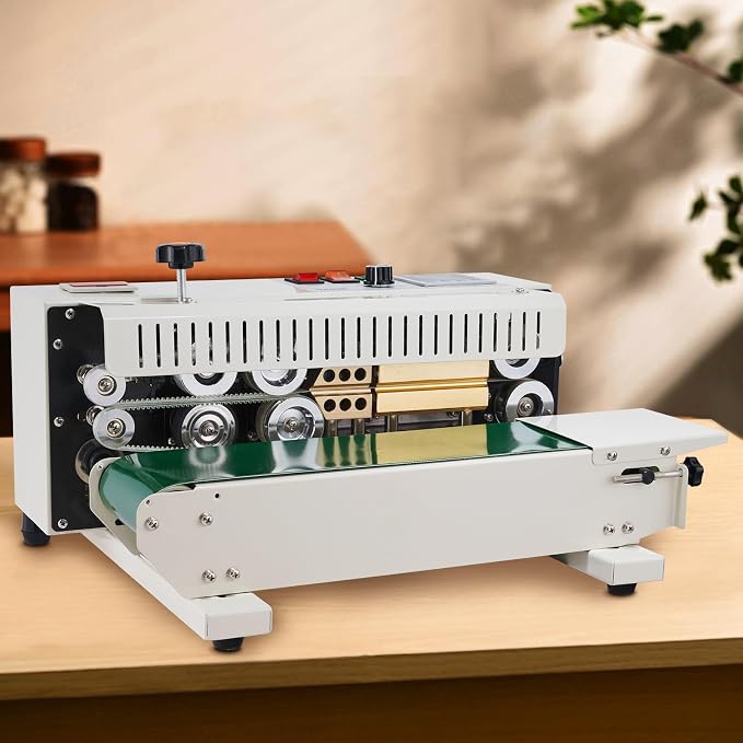 VEVOR Continuous Bag Band Sealing Machine FR900K Band Sealer Machine with Digital Temperature Control Horizontal Bag Sealer for 0.02-0.08 mm Plastic Bags Continuous Band Sealer w/Printing Function