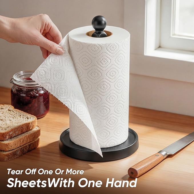 theaoo Paper Towel Holder Countertop, One-Handed Tear Paper Towel Stand Dispenser with Damping Function for Kitchen Bathroom, Stainless Steel Paper Towel Holder with Weighted Non-Slip Base (1, Black)