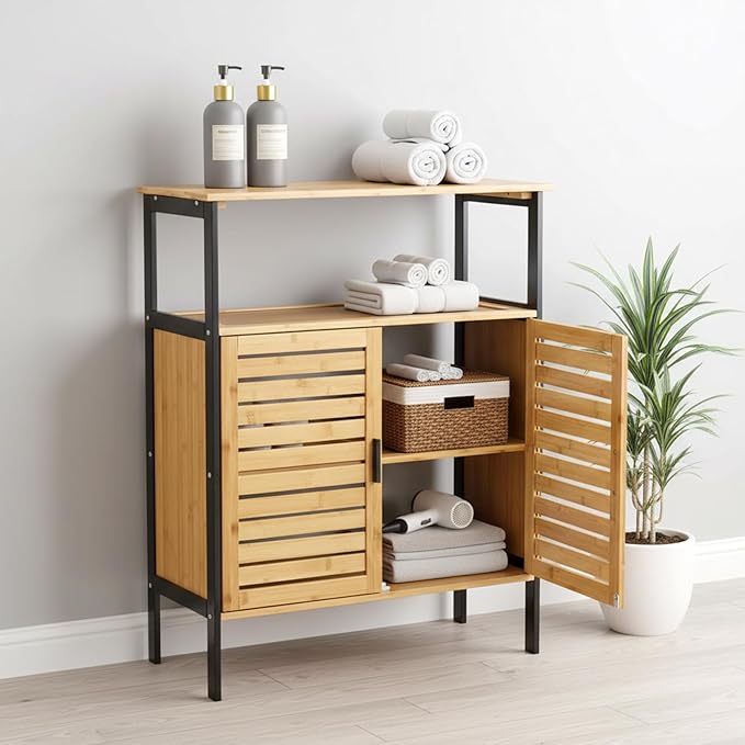 25" Bamboo Bathroom Storage Cabinet with Double Slatted Doors, Freestanding Floor Cabinet Organizer with Open Shelf, Modern Storage for Bathroom Kitchen Living Room