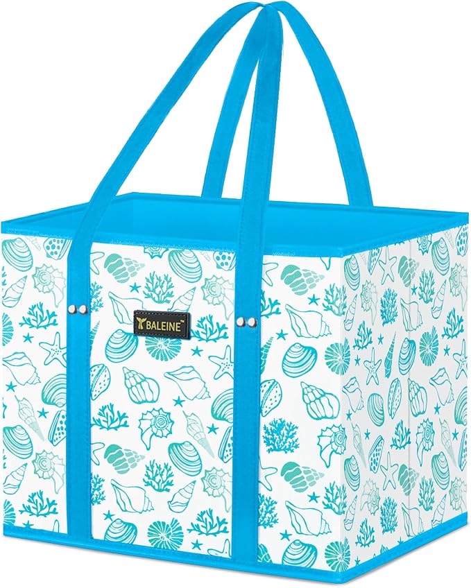 BALEINE 1Pk Reusable Grocery Bags, Foldable Shopping Bags for Groceries with Reinforced Bottom & Handles (Summer Beach-Blue)