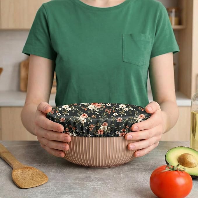Patelai 10 Pcs Bowl Covers Reusable in 5 Size Stretch Cloth Fabric Elastic Food Storage Bowl Covers Bread Sourdough Lids for Proofing Food Fruits Leftover(Dark Color,Floral Print Style)