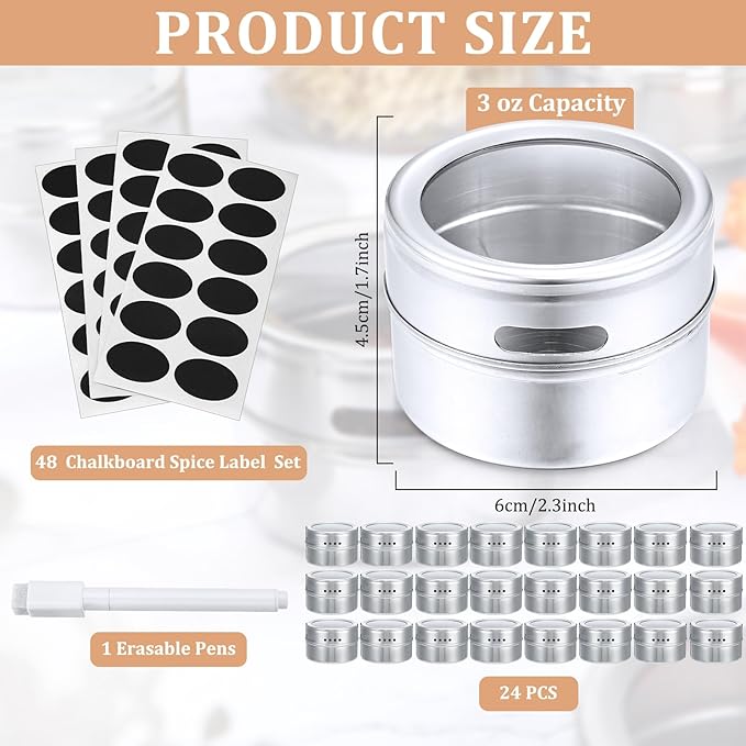 CHENGU 24 Pack Magnetic Spice Jars for Refrigerator 3 oz Magnetic Spice Containers Stainless Steel Seasoning Tins with Clear Lid, with Labels Marker and Pens for Grill Kitchen Fridge Rack Travel