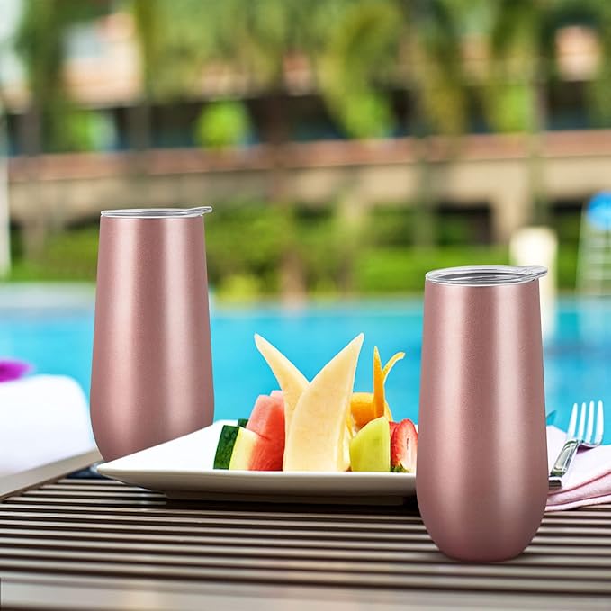 Lifecapido 4 Pack Stemless Champagne Tumblers, 12oz Insulated Champagne Flutes with Lid, Insulated Champagne Glass, Champagne Flute Tumbler, Great Gift for Birthday Party Wedding Christmas (Rose Gold)