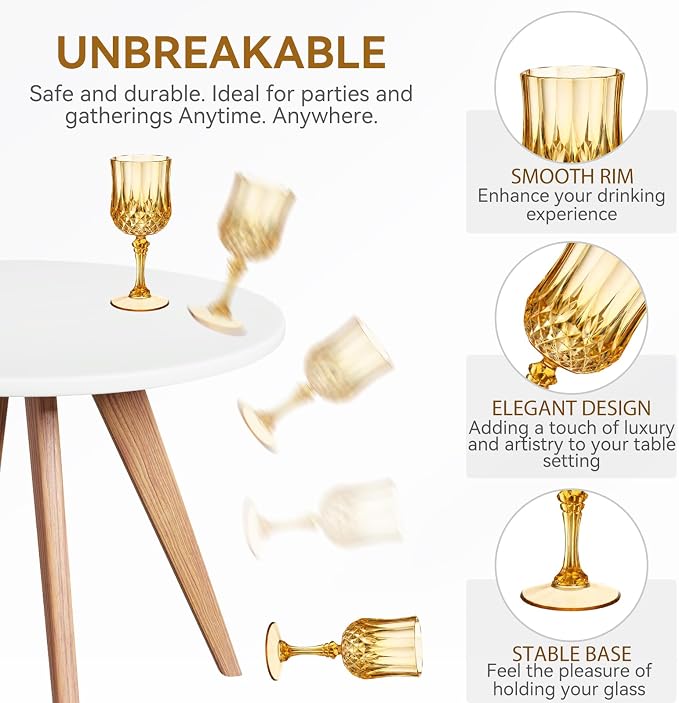 Sliner 48 Pcs 7oz Plastic Vintage Wine Glasses Drinking Goblets Unbreakable Crystal Water Glassware Reusable Diamond Champagne Flutes Cups for Wedding Banquet Birthday Party Supplies (Gold)