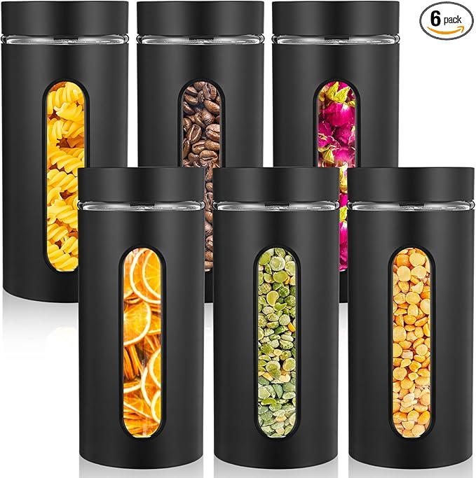 Patelai 6 Pack Kitchen Canisters Set Airtight Stainless Steel Canister Food Storage Container with Window Glass, Coffee Sugar Candy Jars Tea Organizer for Flour Cookies Spice(Black,44 oz)