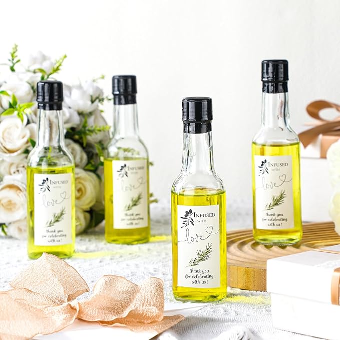 Reallnaive 30 Sets 5 oz Mini Olive Oil Glass Bottles for Homemade with Lids Heat Shrink Cap Stickers and Funnels Clear Mini Olive Oil Woozy Bottle Hot Sauce Glass for Wedding Favors Guest Babyshower