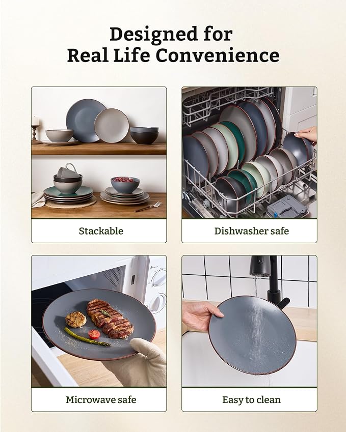 Famiware Venus 24-Piece Stoneware Dinnerware Sets with Mugs, Plates, Bowls, Service for 6, Matte Charcoal - Modern Ceramic Chip‑Resistant Dishes for Everyday & Formal Use, Microwave & Dishwasher Safe