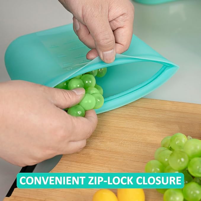 Bundle of 4 Pack 100% Silicone Reusable Food Storage Bags 33.8oz Aqua + 4 Pack 100% Silicone Reusable Food Storage Bags 16oz Aqua