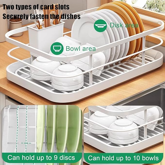 Kitchen Counter Dish Drying Rack,Stainless Steel Dishes Drainer with Utensil Holder,Space-Saving Dish Rack,Removable Plastic Drainer Tray for Dishes, Knives, Spoons (White,No Cup Holder)