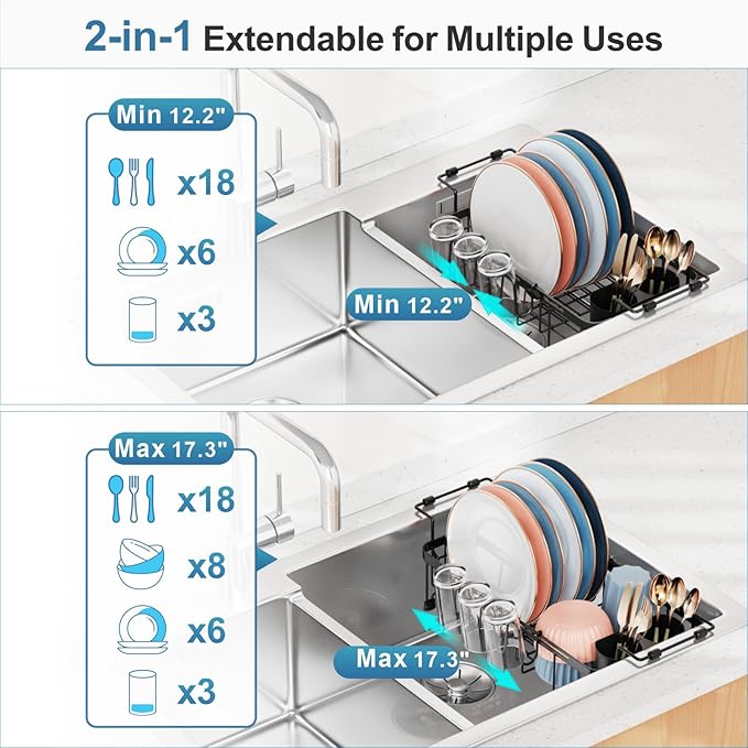 iSPECLE Small Sink Dish Drying Rack with Cup Holder, Expandable Rust Resistant Dish Drainer for RV Kitchen, Dish Rack with Tightening Knob, Arms with Non Slip Rubber, Black
