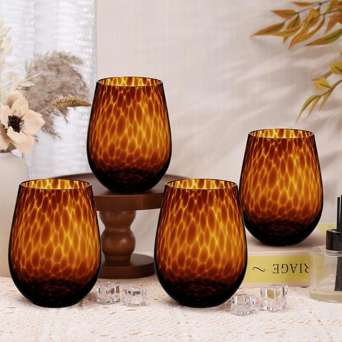 Honeydak Set of 6 Tortoise Leopard Print Brown 16oz Rocks Glasses Stylish Stemless Cocktail Cups Glass Glassware Tumbler Ideal for Gin, Tequila, Vodka, Soft Drinks