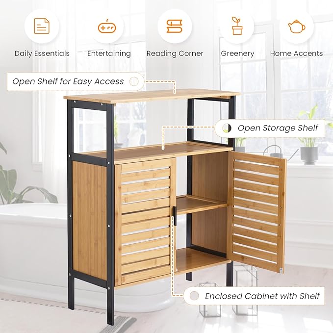 25" Bamboo Bathroom Storage Cabinet with Double Slatted Doors, Freestanding Floor Cabinet Organizer with Open Shelf, Modern Storage for Bathroom Kitchen Living Room