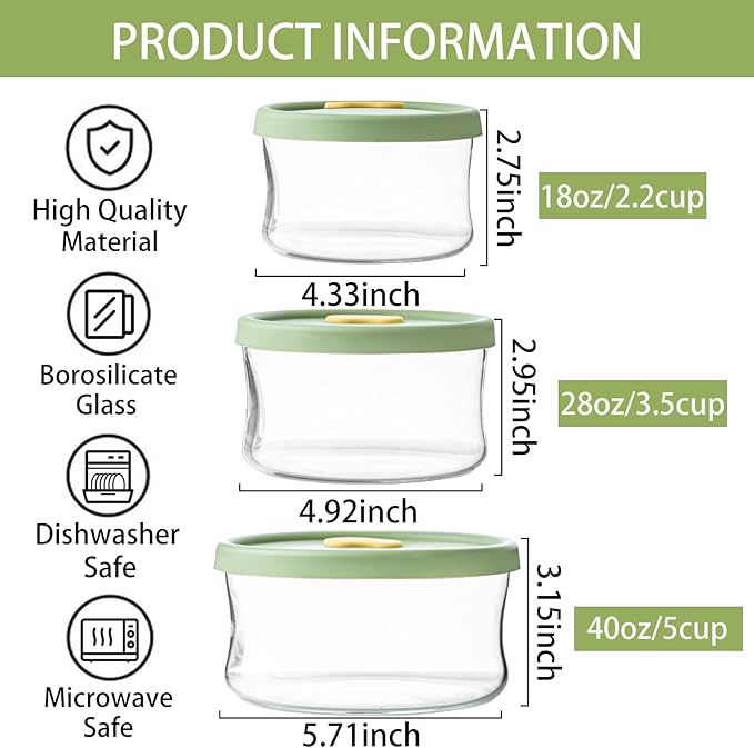 Glass Food Storage Containers Set,with Lids, Leak-Proof Meal Prep Containers,for Storage soups and leftovers - BPA Free,Microwave, Dishwasher, Freezer Safe (Green 6PCS)