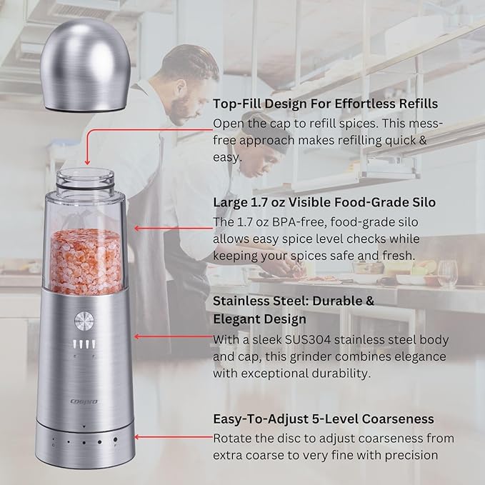 COSPRO Electric Salt and Pepper Grinder Set of 2 – Rechargeable Stainless Steel Mills with Qi-Wireless Charging Base | One-Hand Operation | Adjustable Coarseness | Easy Clean | Automatic Spice Grinder